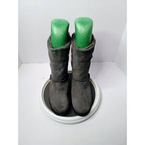 Gray Faux Suede Fur-Lined Mid-Calf Winter Boots With Lace-Up Back & Rubber Sole